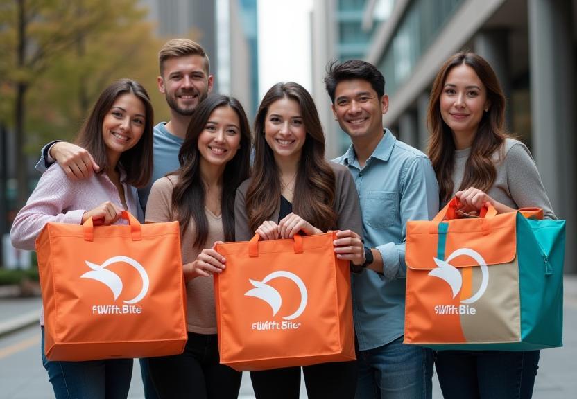 SwiftBite team posing with branded delivery bags