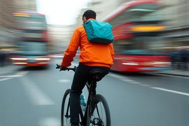 Swift courier on a bicycle in London traffic