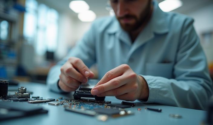 Technician repairing smartphone in a bright, modern workshop